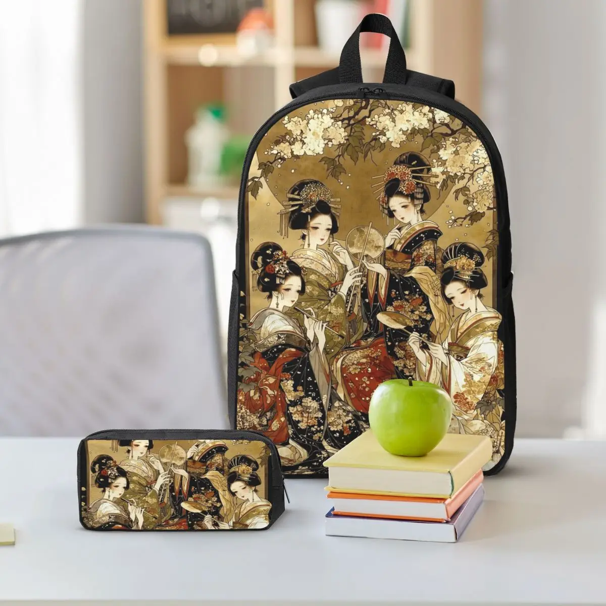 Geisha Floral Vintage Design Backpack Boys Girls BookBag School Bag Shoulder Bags 3ps Insulated Lunch Bag Pencil Case