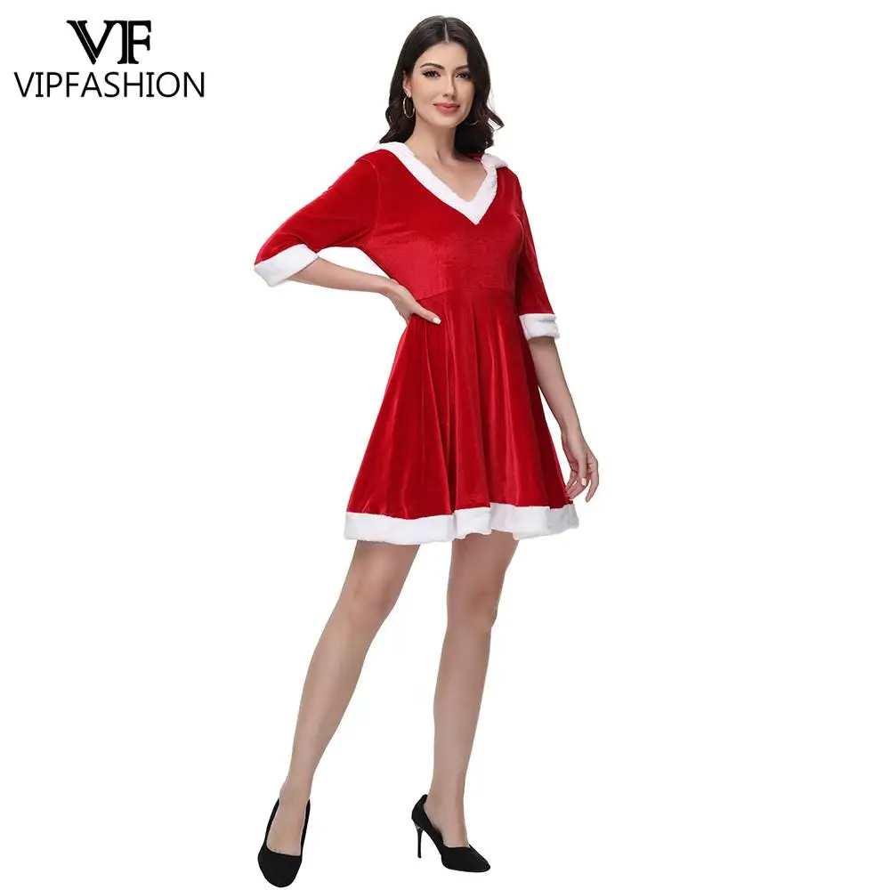 女性のためのフード付きサンタクロースドレス,赤いベルベットドレス,半袖,Vネック,セクシーなクリスマスウェア,パーティーコスチューム,VIPファッション