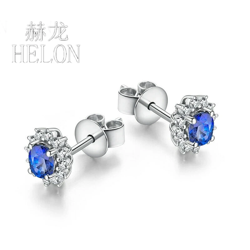 HELON Solid 14K AU585 White Gold Oval Cut 4x3mm Genuine Sapphire Diamonds Stud Earrings For Women Trendy Fine Jewelry