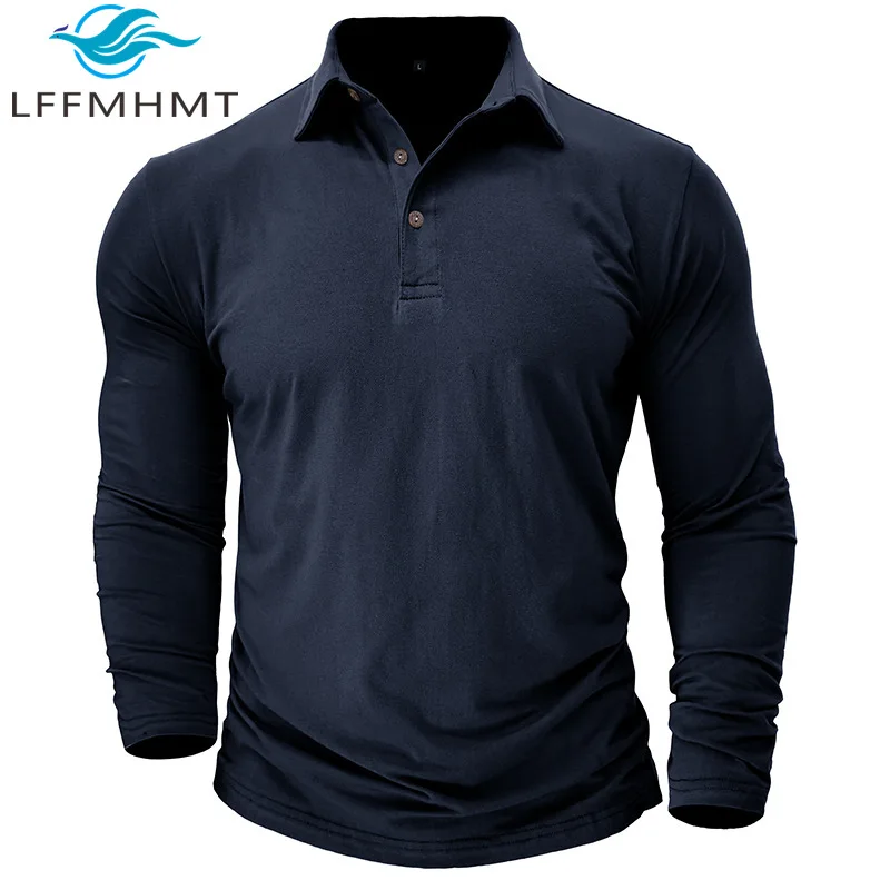 Autumn Winter Outdoor Solid Color Men Polo Shirt American Style Good Quality Soft Cozy 95% Cotton Long Sleeve Men's T-Shirt