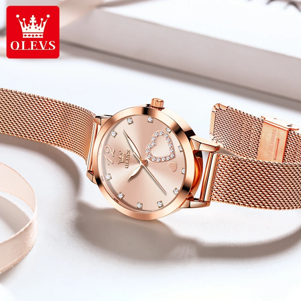 OLEVS 5189 Quartz Watch for Women Diamond Love Heart Design Fashion Elegant Rose Gold Mesh Steel Strap Waterproof Ladies Watches view 4