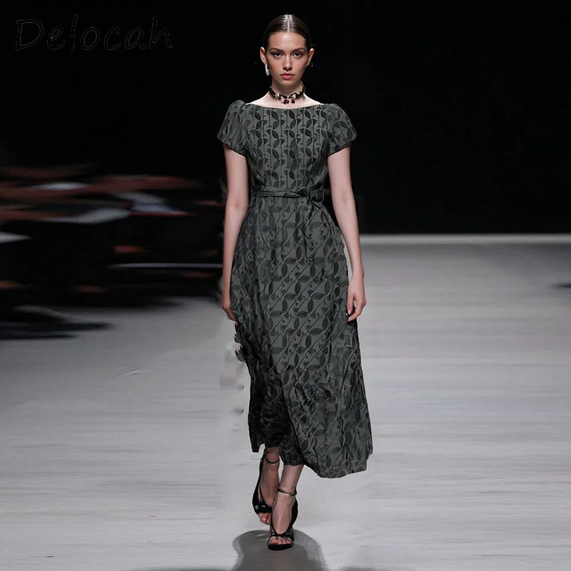 

Deloch Fashion High Quality Women's Clothing Design Full Embroidered Military Green Short Sleeve Waist Swing Dress with Original