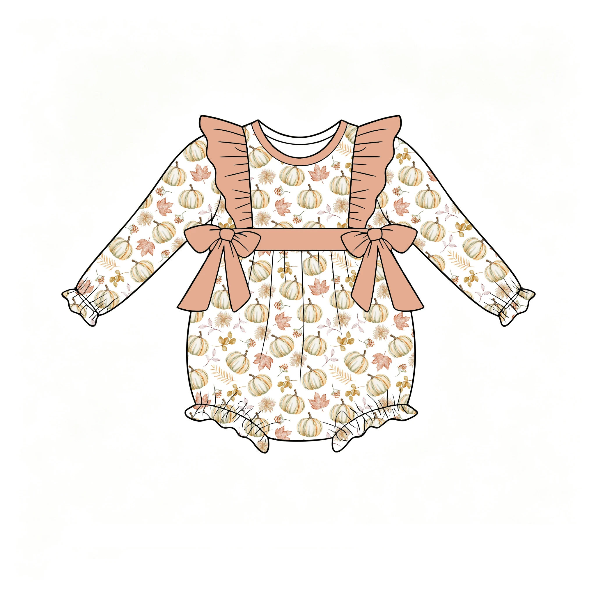 Thanksgiving Day Boutique girls' romper Ruffle Long-sleeved top and shorts Bow decoration pumpkin print wholesale