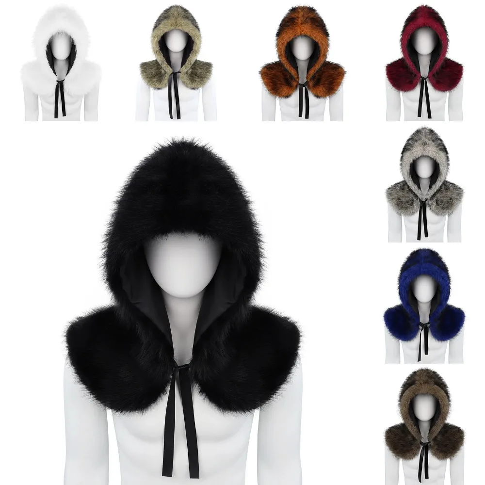 Viking Faux Fur Hooded Shawl Mantle Shoulder Wrap Collar Cloak Hood Hat Headpiece Cosplay Warm Cape Costume Accessory