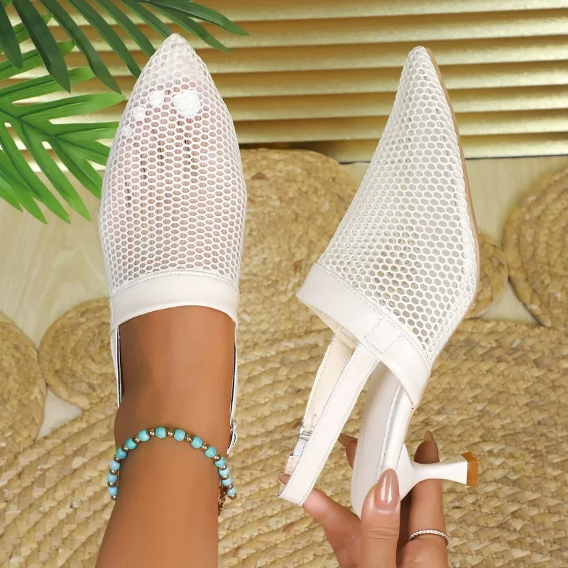 Women\'s Sandals Summer New Medium Heel Pointed Head Mesh Buckle Slippers Casual Comfortable Breathable Stiletto Sandals