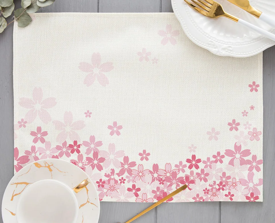 Pink Flower Print Linen Placemat Wedding Engagement Birthday Party Decoration Dining Mats Cup Drink Coaster Geometric