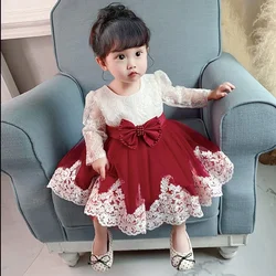 Newborn Long Sleeve Baby Girl Dresses Party Wedding Girl Lace Big Bow Dresses Infant Girl 1st Birthday Princess Baptism Dress