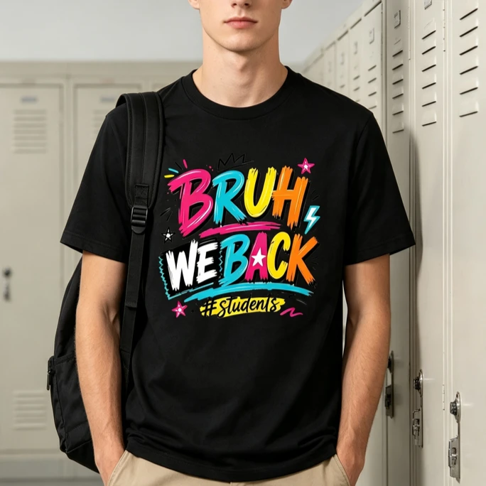 Bruh We Back T-Shirt Funny Colorful Graffiti Letter Print Students Tee Back To School Shirt First Day of School Outfit Cotton