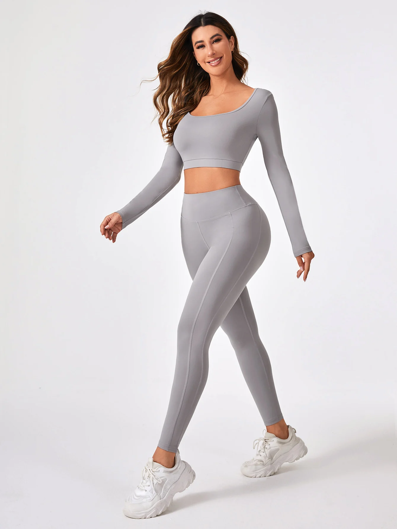 2 Pieces Long Sleeve Yoga Pilates Sports Suits Quick Dry Elastic Slim Fit Tracksuit Fitness Workout Breathable Activewear Set