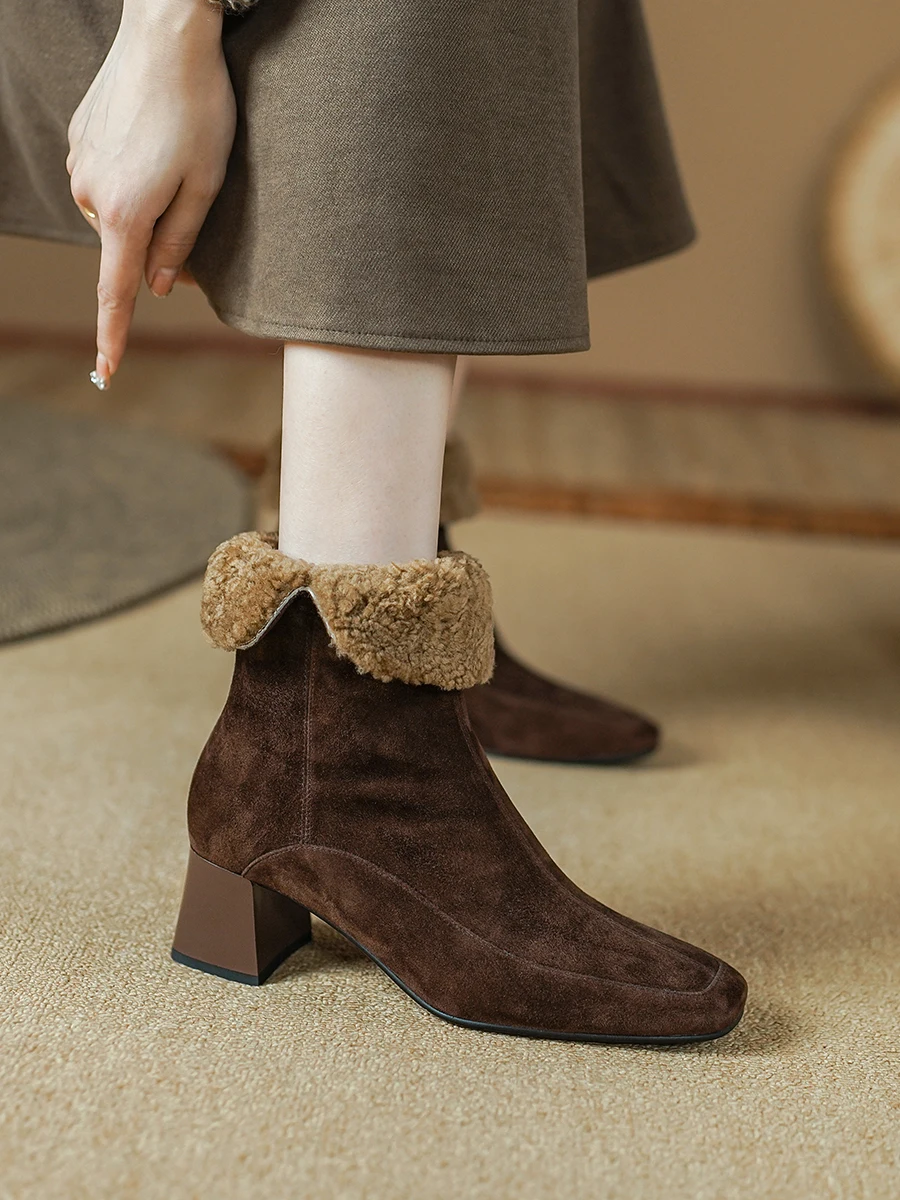 Women's Genuine Suede Ankle Boots - Winter Block Heels