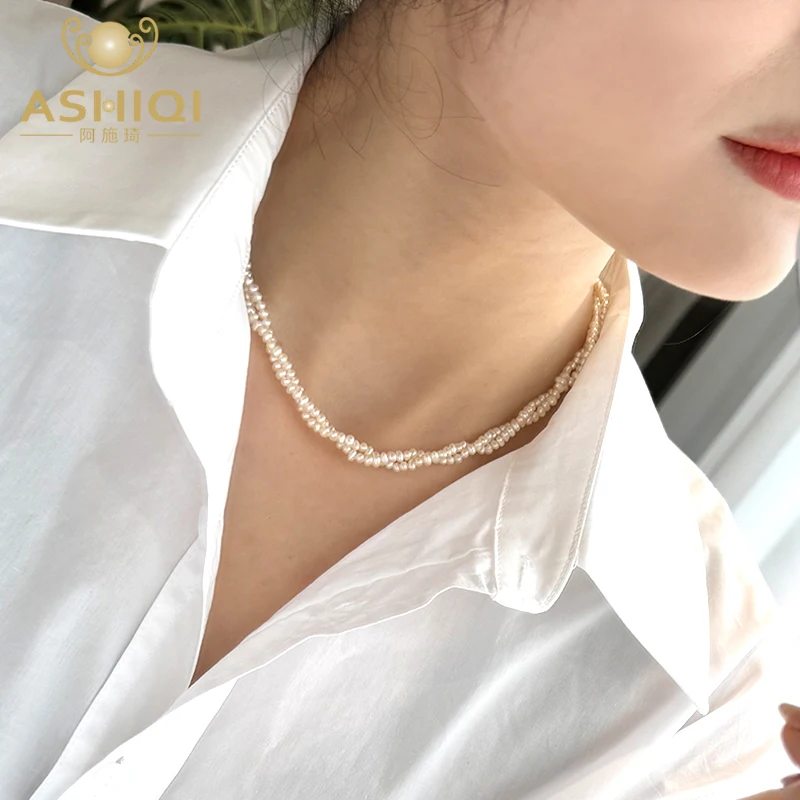 

ASHIQI 925 Sterling Silver 2-3mm Natural Freshwater Pearls Necklace Long Sweater Chain Fashion Jewelry for Women