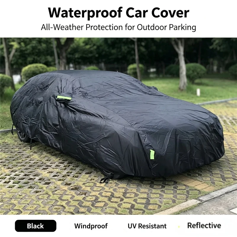 Waterproof UV‑Protection Universal Sedan Car Cover, Black Zipper Full Car Case S‑XXL Sun Rain Snow Dust Protector