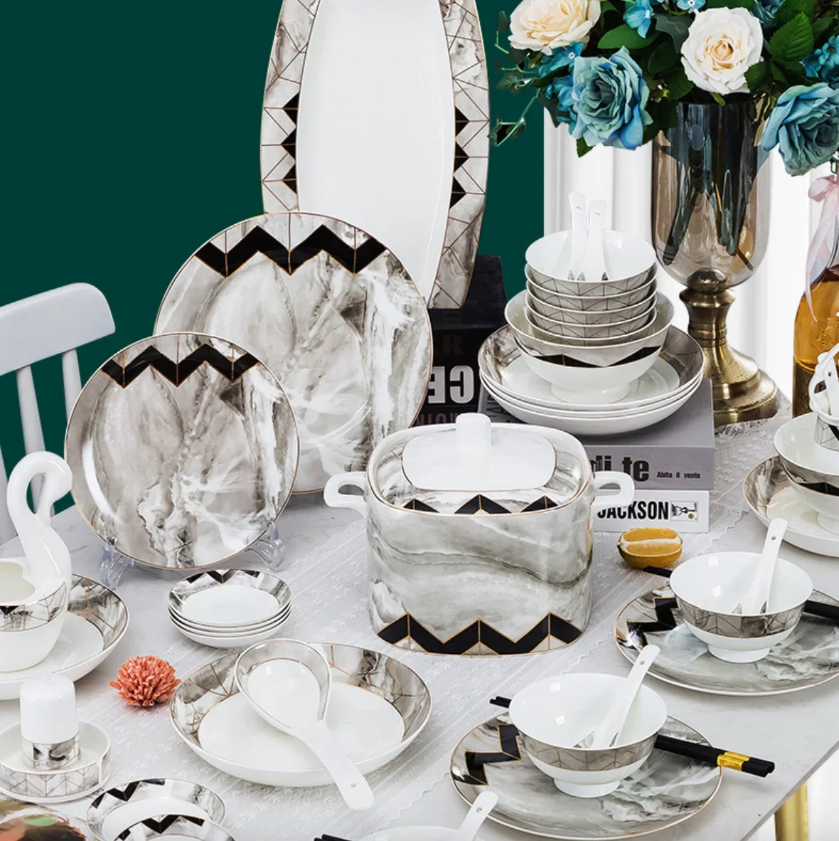 Vajilla de cerámica al por mayor, juego de platos y cuencos de porcelana estilo nórdico, cuencos de porcelana fina, palillos y set de vajilla para el hogar.