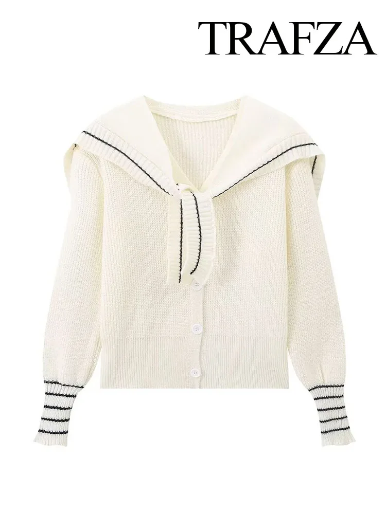 TRAFZA-Cardigan à Manches sulfet Col en V pour Femme, Haut Court et Slim, Décontracté, à Simple Boutonnage, à la Mode, Automne