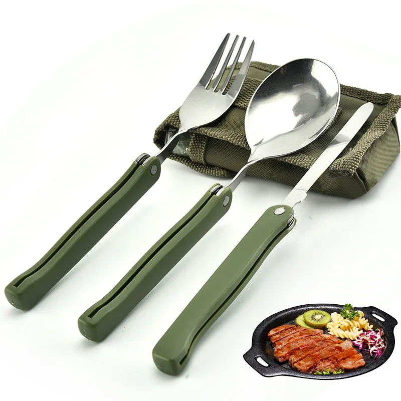 Stainless Steel Portable Folding Cutlery Set Fork Knife With Army Green Pouch Survival Camping Bag Outdoor Cutlery Container