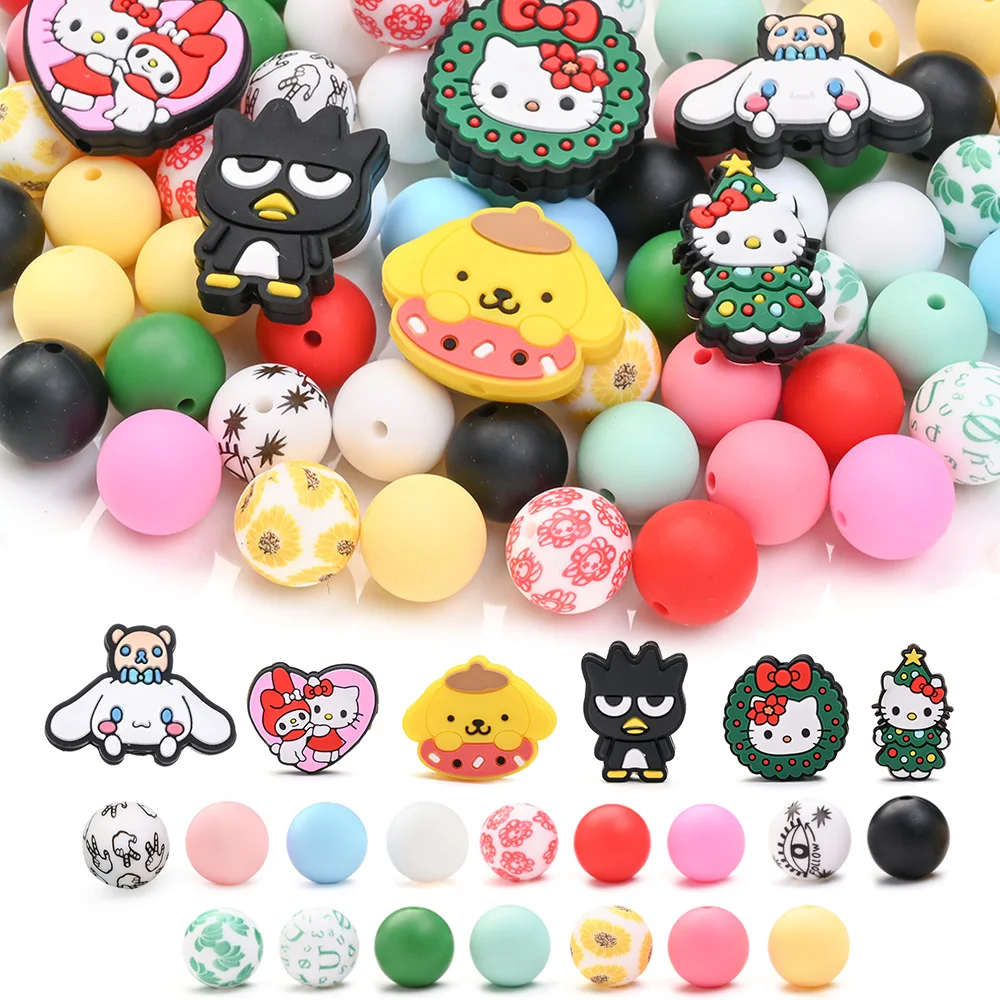 

21/27 шт. силиконовый набор, круглый Sanrio в форме персонажа, прорезыватель для зубов, фокусная бусина для ручной работы, цепочка для соски, зажимы, держатель для пустышки, аксессуары