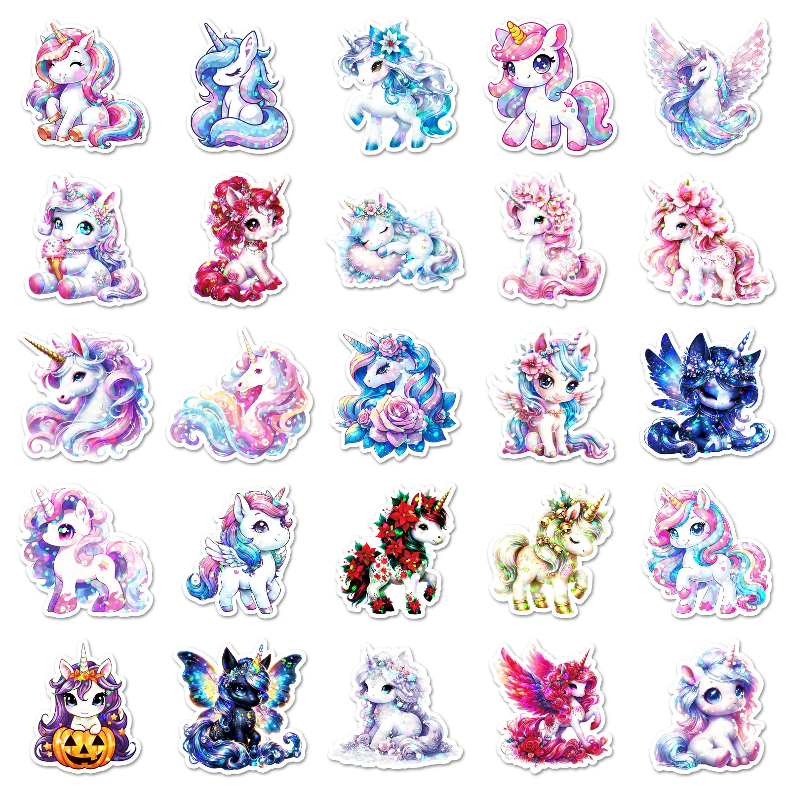 50Pcs Cute Laser Unicorn Cartoon Cute Waterproof Sticker Skateboarding Retro Home Decal Sticker