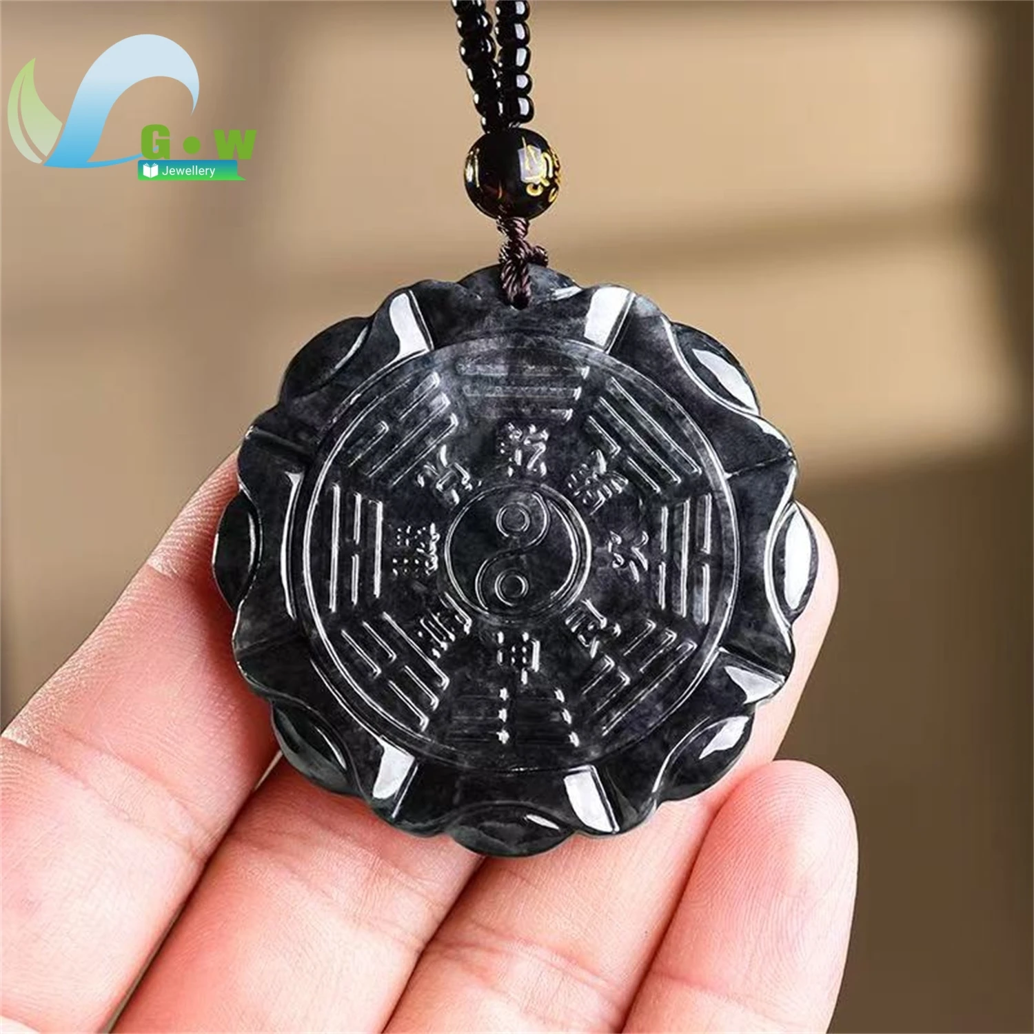 Natural A Grade Black Feathered Jadeite Tai Chi Bagua Pendant Double Sided Icy Hanging Ornament Unisex Jewelry Gift