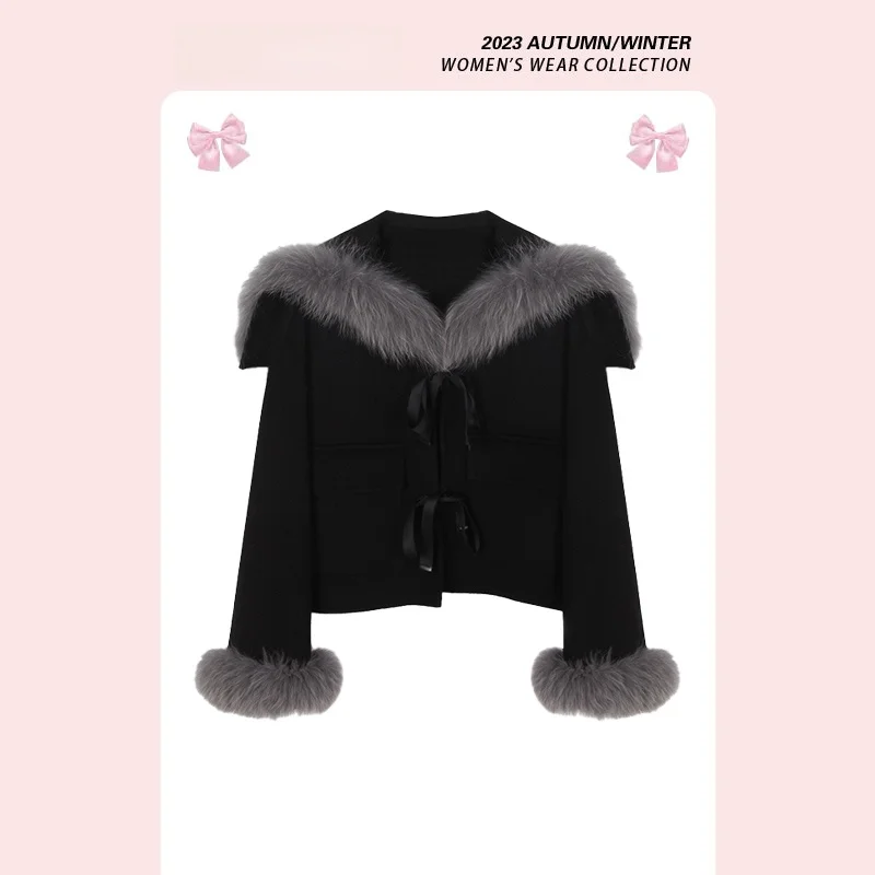 Abrigo de Lana de Doble Cara a la Moda para Mujer, Chaqueta de Invierno Versátil con Detalles en Piel Negra, Prenda Exterior Elegante de Forever 21