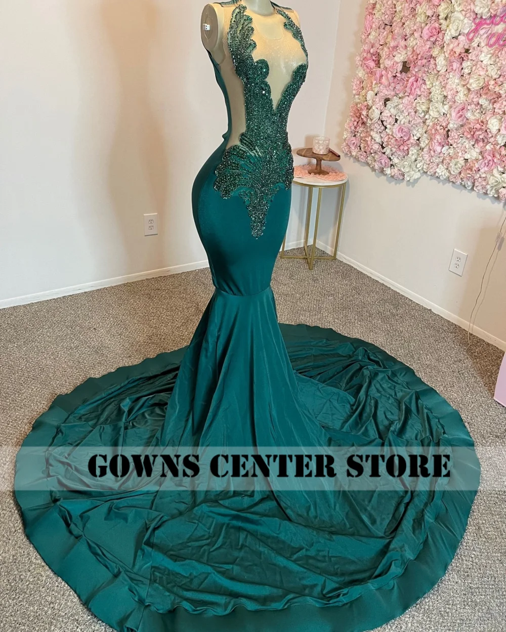 Abiti da ballo a sirena verde foresta Abiti da gala da sera per ragazze nere personalizzati Strass Cristalli Abito da cerimonia nuziale Aso Ebi