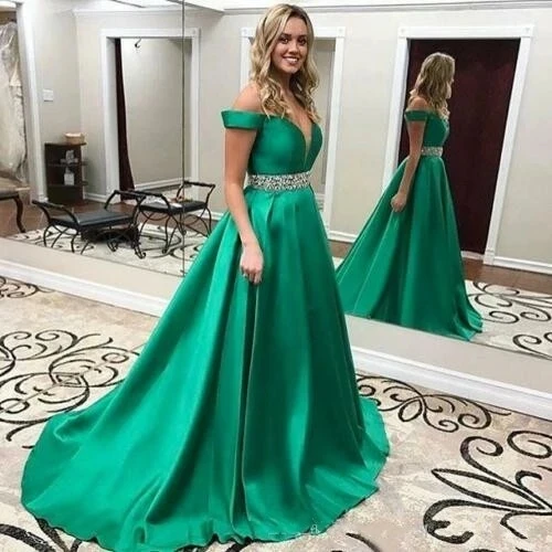 

ANGELSBRIDEP Off-Shoulder Long Evening Party Gown Vestidos De Festa Beading Waist Satin Formal Birthday Prom Dresses Plus Size