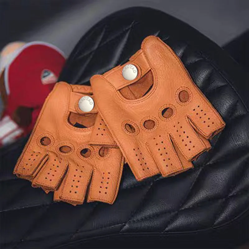 Summer Retro Motorcycle Rider Gloves Men Imported Real Deer Skin Perforated Cycling Handschuhe Thin Leather Locomotive Guantes