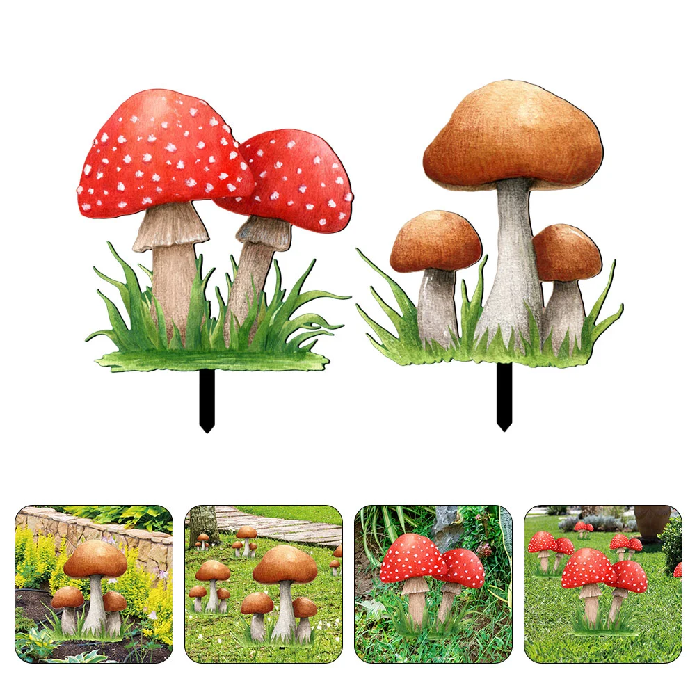 2 Pcs Decorative Garden Inserts Outdoor Mushroom Stakes Plants for outside Sign Emblems Statue Crafts Signage