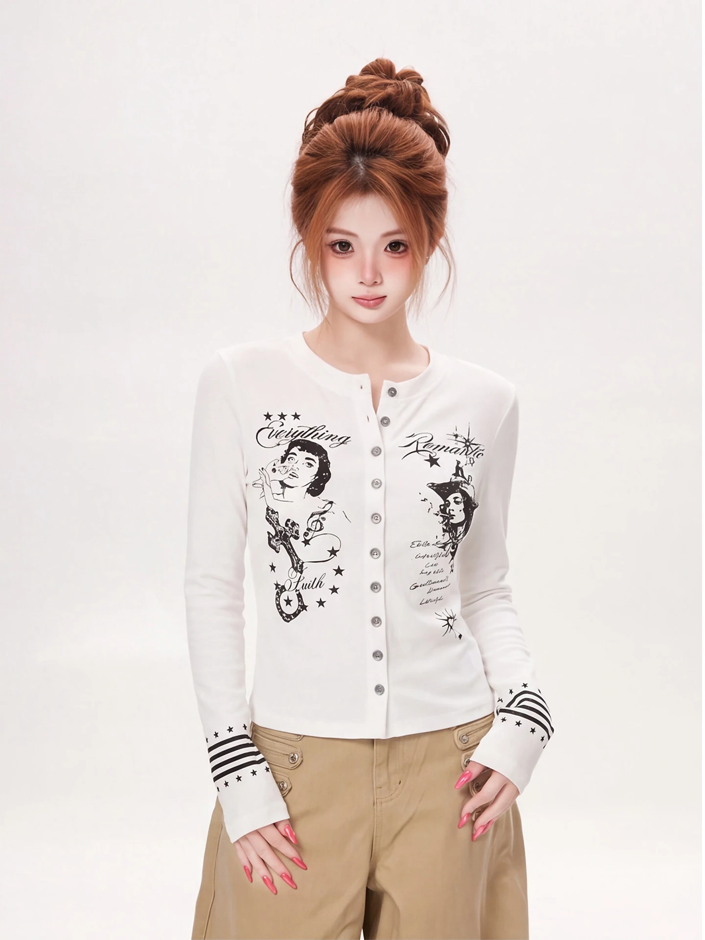 Slim Fit Long Sleeve T-Shirt Women's Short Style Retro Print Button up Top Ant American Vintage Light Cotton Casual Shirt