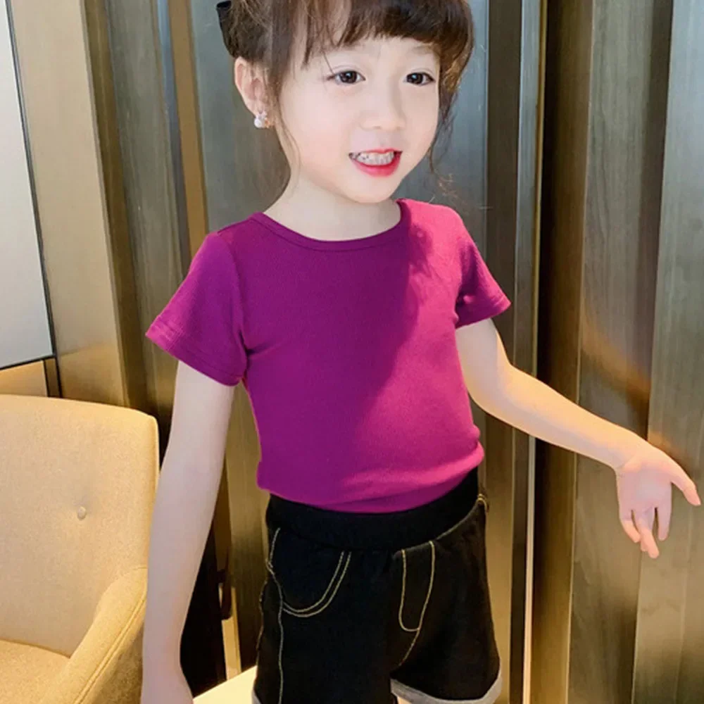 Girls T-shirt Kids Short Sleeved Back Bow-knot Baby Candy Color Shirt Clothes 2024 Summer Chilren\'s Solid Color Top Tees