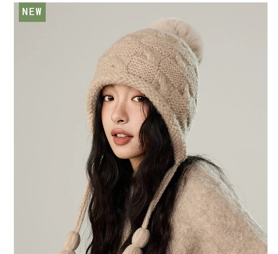 Knitted Hat Women's Autumn Winter Solid Color Hairball Woolen Hat Fashionable Show Face Small Ear Protection Warm Soft 56-58cm