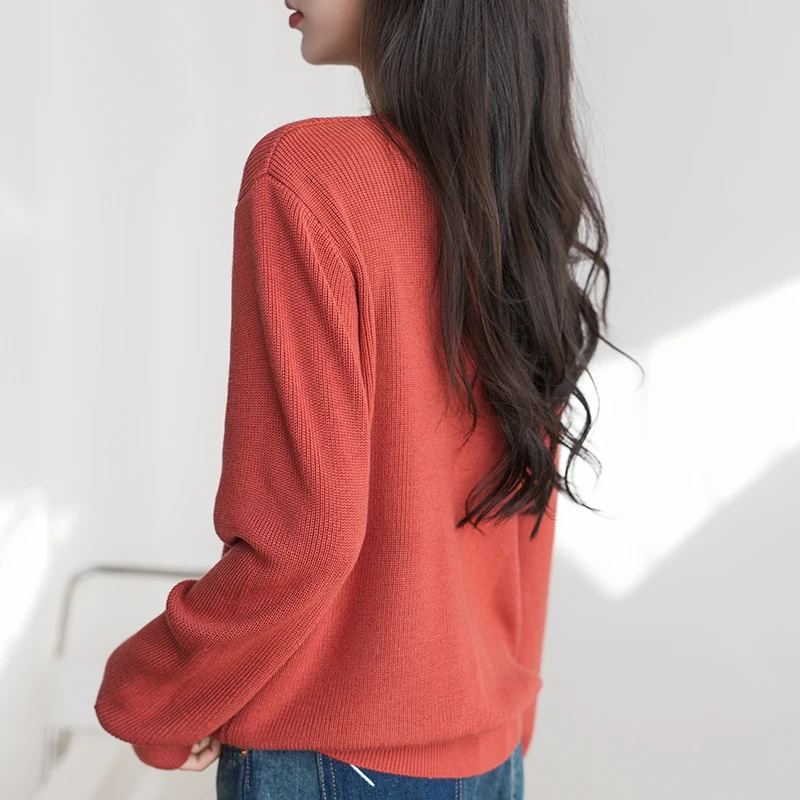 Damesbovenkleding Lente en herfst 100% puur katoen Gebreide trui V-hals Lange mouwen Losse tops Modieus Koreaans jasje