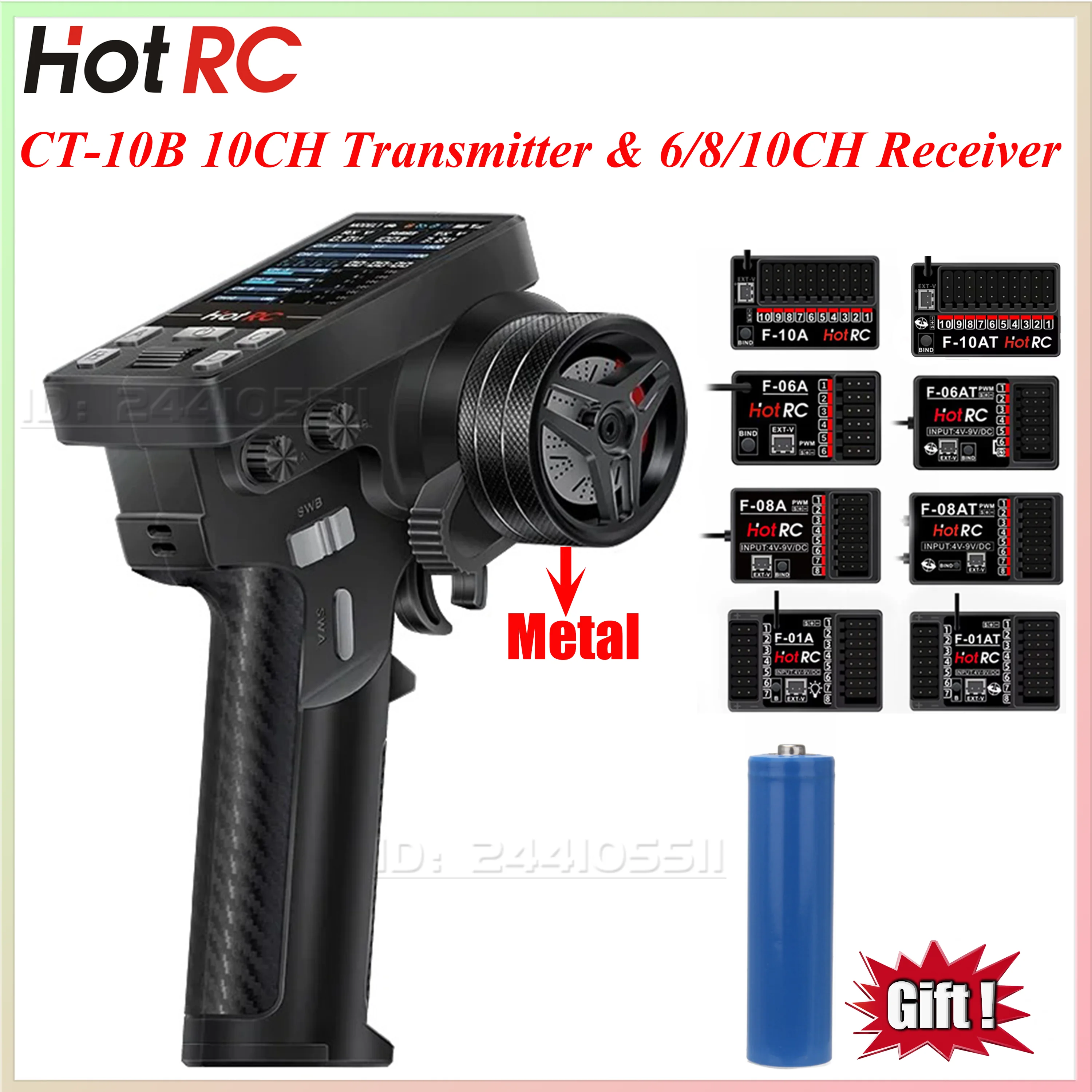 

HotRC CT-10B 10CH Channel 2.4G Transmitter CT10B Remote Control 18650 Battery F-10A F-01A 6/8/10CH Gyro Receiver for RC Car Boat