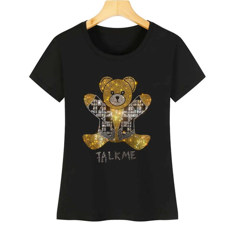 

The design of a summer ice silk cotton casual T-shirt for women and a rhinestone cartoon bear