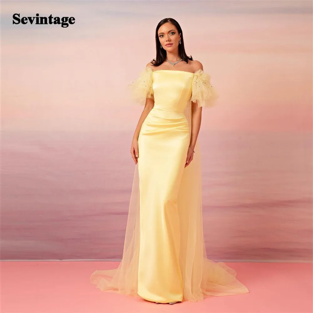 

Sevintage Faint Yellow Saudi Arabic Evening Dresses Off The Shoulder Floor Length Prom Dress Robe de soirée Women Party Dress