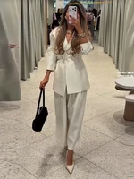 Solid Color Lace up Coat Long Pants Lady Set V-Neck Long Sleeve Jacket High Waist Straight Trousers Casual Chic Women's New Sets - Image 3