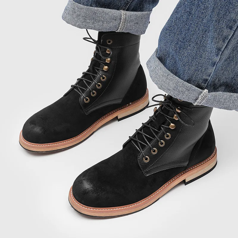 England style men casual desert boots natural leather shoes outdoors cowboy tooling work boot black brown stylish ankle botas