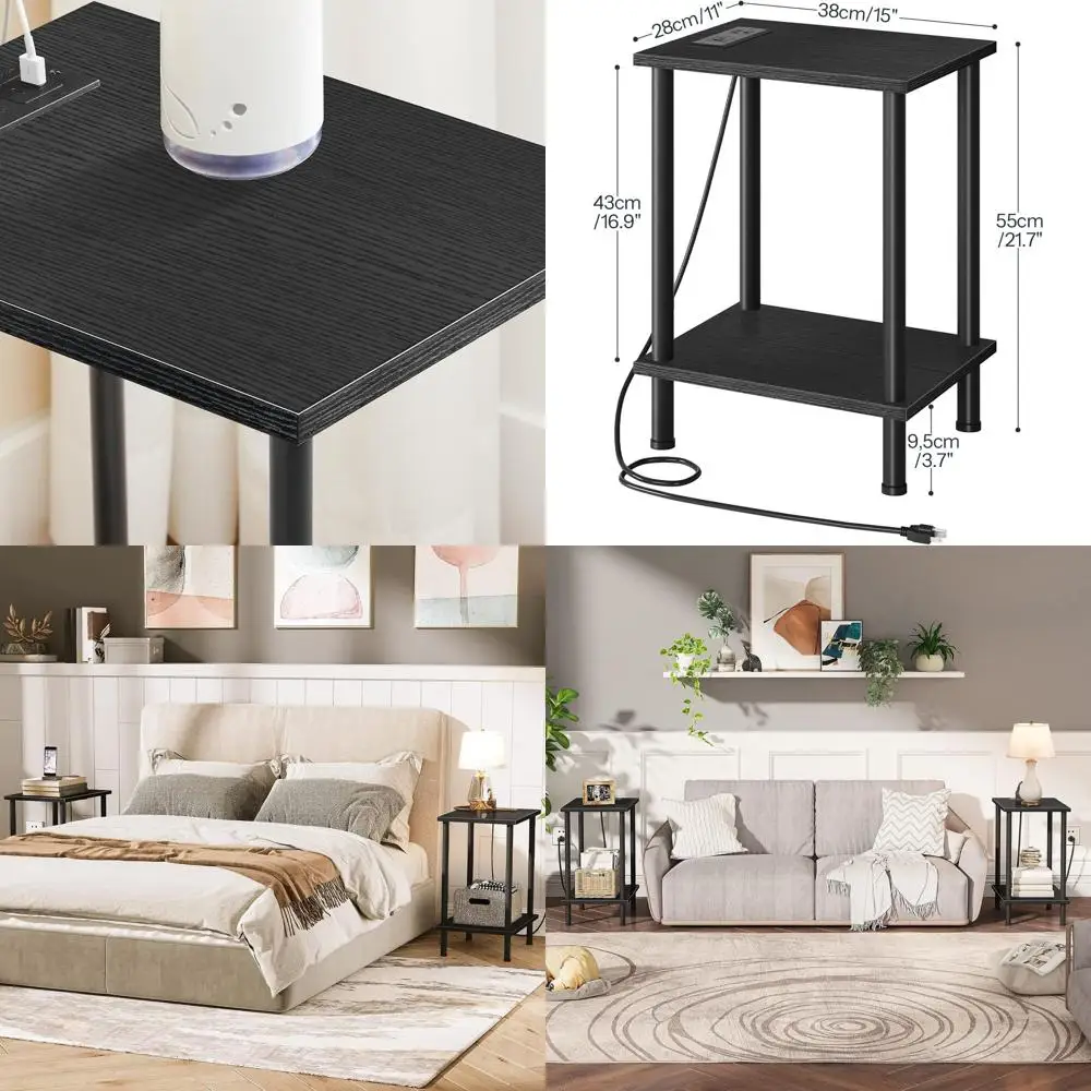 Black Dual-Purpose End Tables with USB Charging & Outlets, Storage Nightstand for Compact Spaces