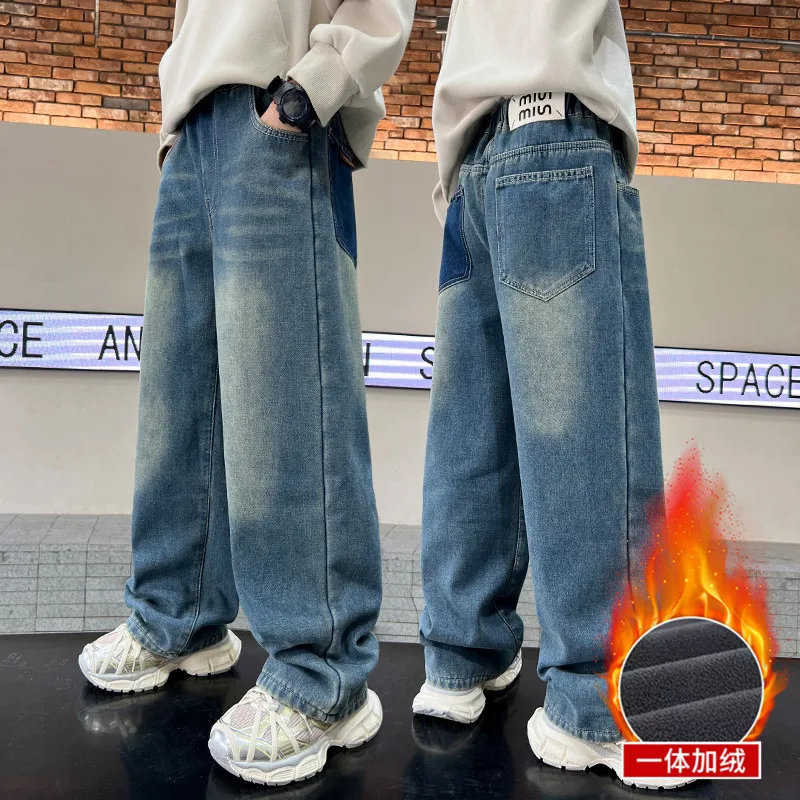 Boys Jeans 2024 Autumn&winter New Teenage Children Plus Fleece Warm Pants Boys Fried Street Handsome Pants Kids Denim Trousers