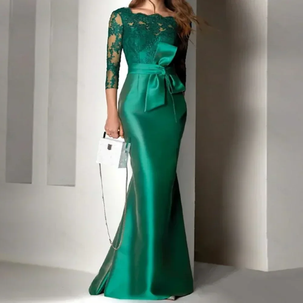

Customized Satin Formal Evening Dresses with Bow Lace Party Gowns for Mom Stylish 3/4 Sleeves Mermaid Mother of Bride Dresses