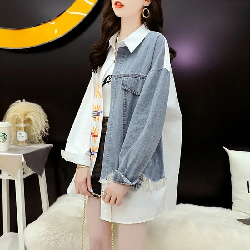 Mode Musim Semi Musim Gugur Versi Korea Kerah POLO Temperamen Sambungan Kemeja Denim Wanita Cetakan Panjang Menengah Atasan Wanita Longgar