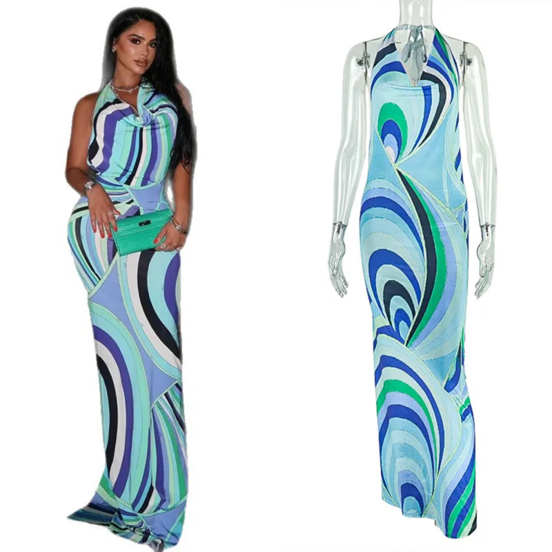 

Style Patchwork Elegant Women's Backless Halter Slim Fit Bodycon Dress Printed Swing Collar Ruched Long Dress
