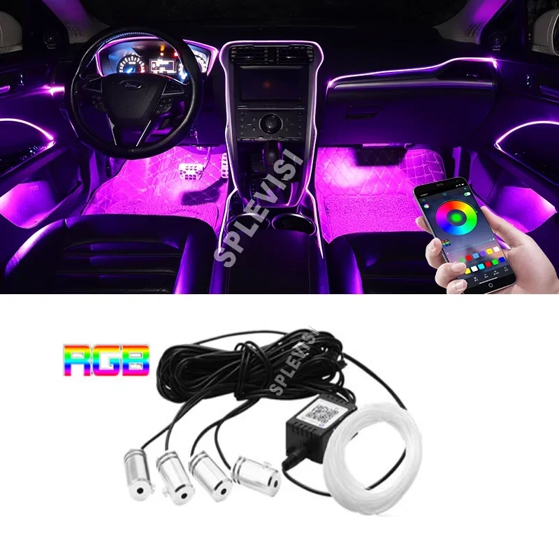 

Wireless Bluetooth APP Control RGB Car Interior Lights Car LED Strip Lights Fiber Optic Ambient Lighting Kit w/ Sound Active