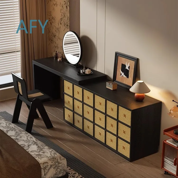 Vintage Style Dresser with Mirror for Apartment 7 Dresser Vanity Combo Solid Wood Makeup Table Bedroom Storage Chest End of
