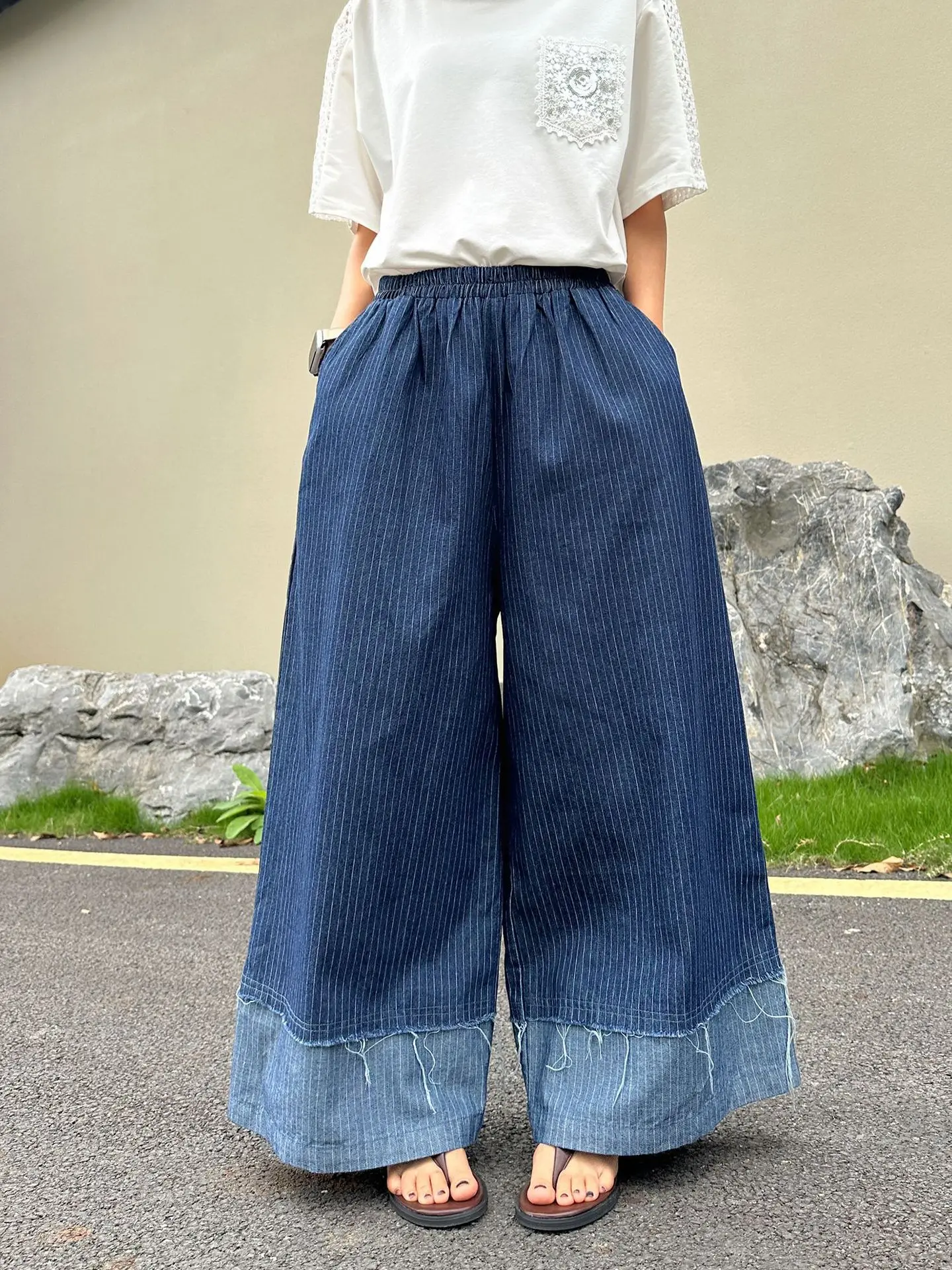 Straight Jeans Women Wide Leg Pants Elastic Waist Stitching Striped Denim Trousers Pinstripes Loose Stylish Slacks Summer Street