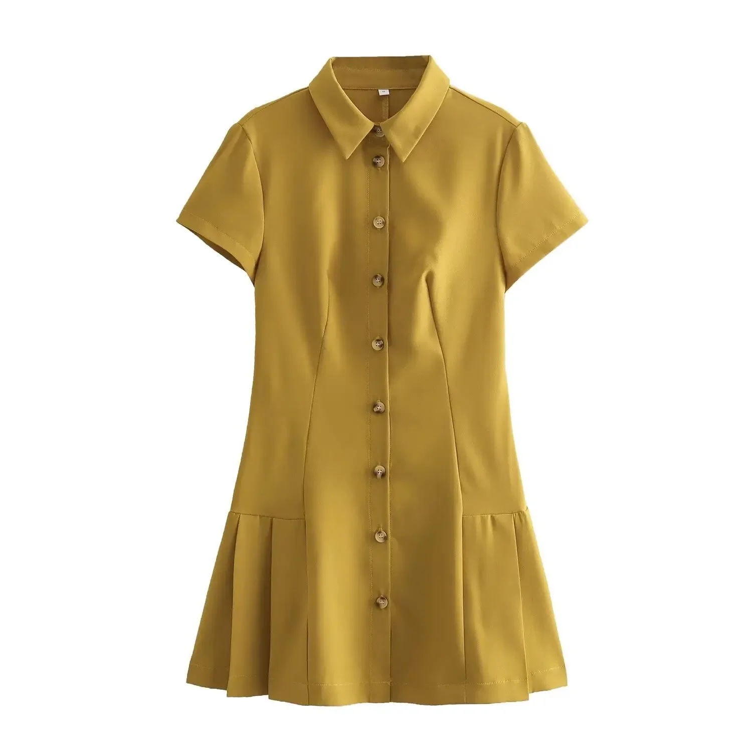 Primavera verão vestido feminino casual lapela sólida saia plissada vintage manga curta fino ajuste único breasted camisa mini vestidos