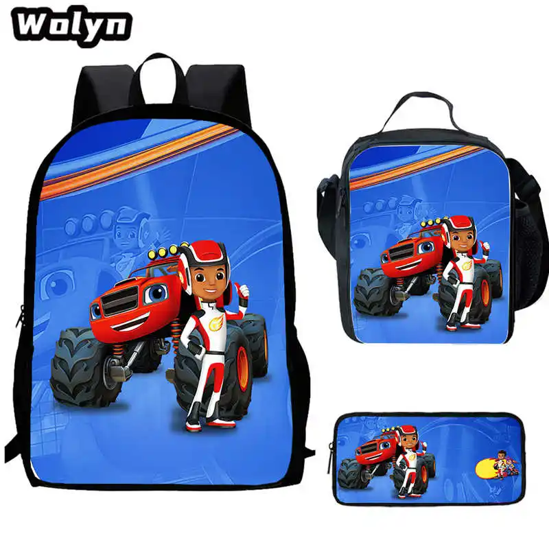 Ensemble de sacs d'école Blaze et les Monster Machines pour enfants, sacs à lunch, trousse à crayons, sac à dos pour enfants, cadeau scolaire, 3 pièces