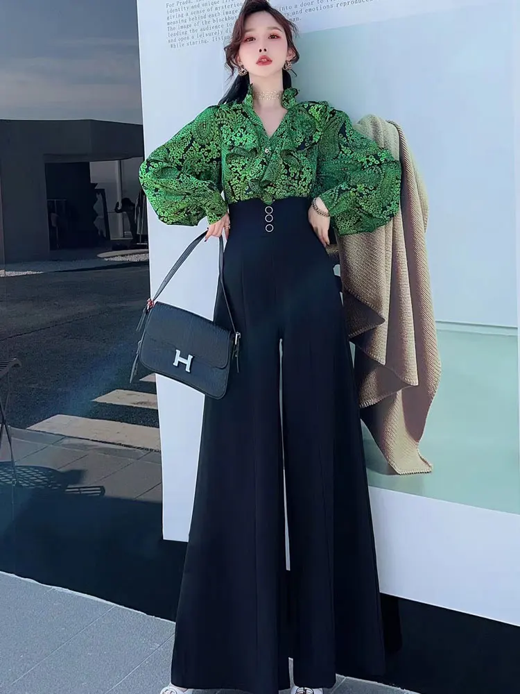 

Комплект из топа с рукавами-фонариками и легких широких брюк с высокой талией для похудения, летняя мода