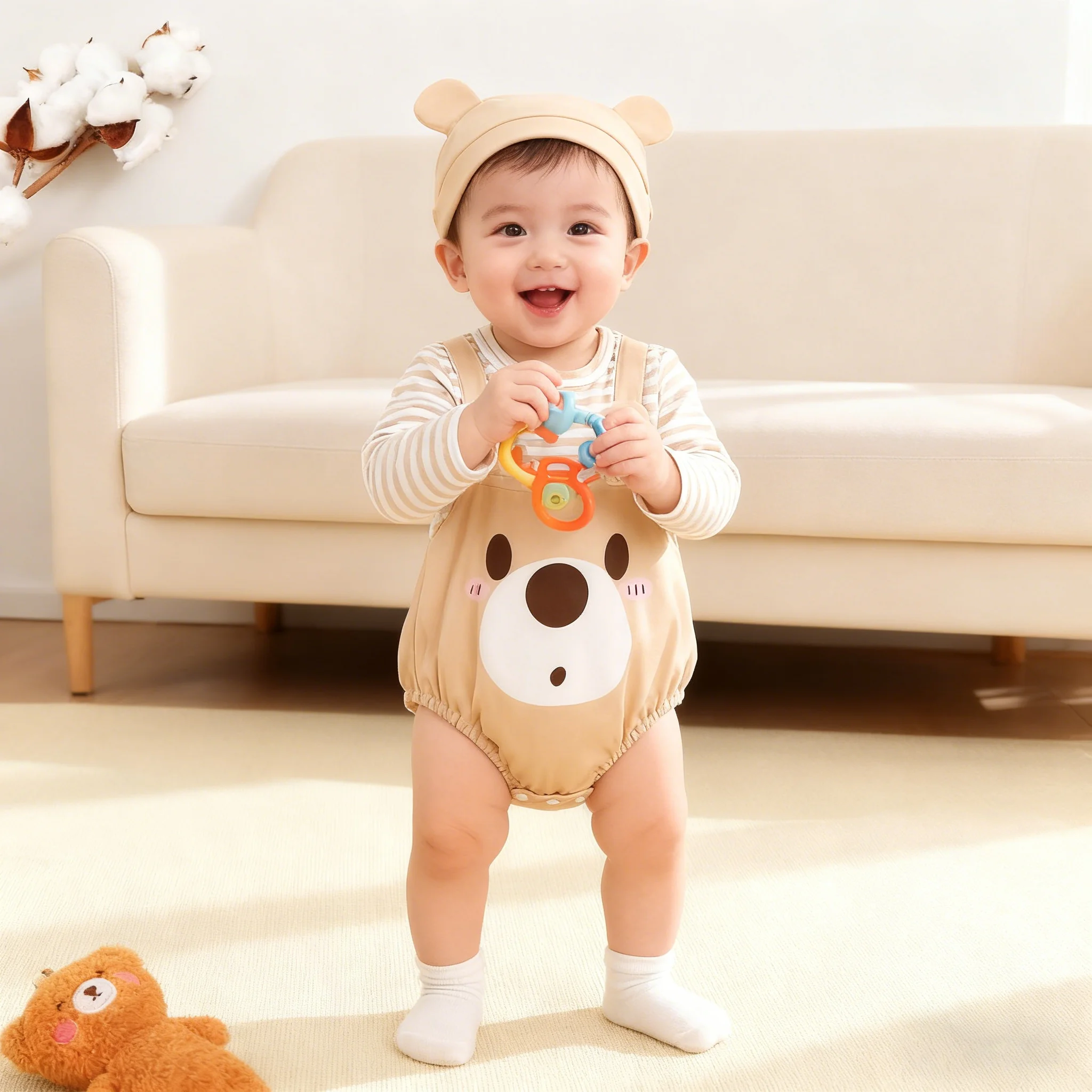 2Pcs Newborn Baby Boy Bodysuit Little Bear Pattern Long Sleeved Bodysuit+Hat Set 0-18 Months Baby Boy Spring Autumn Bodysuit