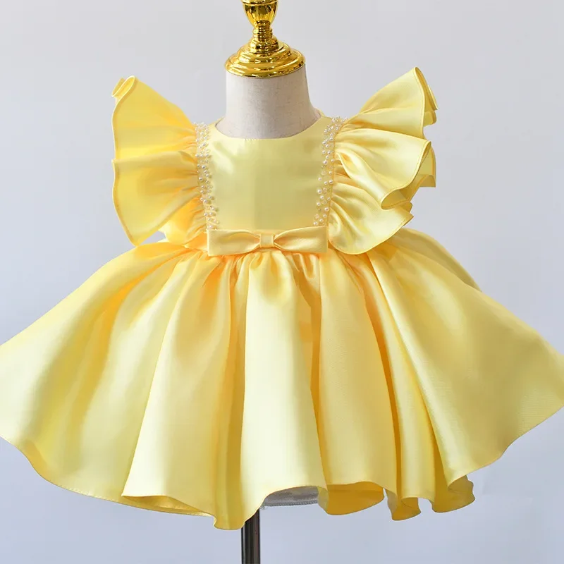 Robe de Princesse en Satin Élégante Personnalisée pour Fille, Tenue d'Anniversaire de Couleur Unie, Col Rond, Manches Volantes, à Fleurs, avec Nministériels d Perlé Doux, 2024