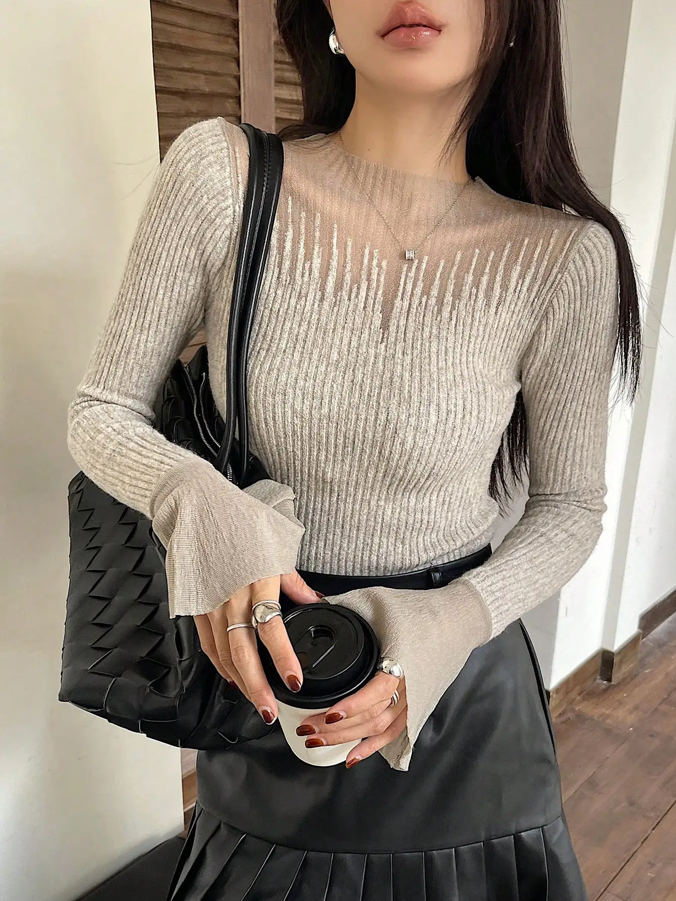 

Women's Sheer Ribbed Long Sleeve Pullover Sweater with Bell Cuffs, Autumn Winter Basic Top